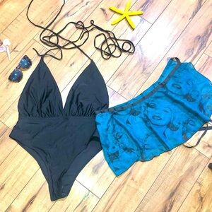 Black one piece swimsuit and teal skirt wrap XL